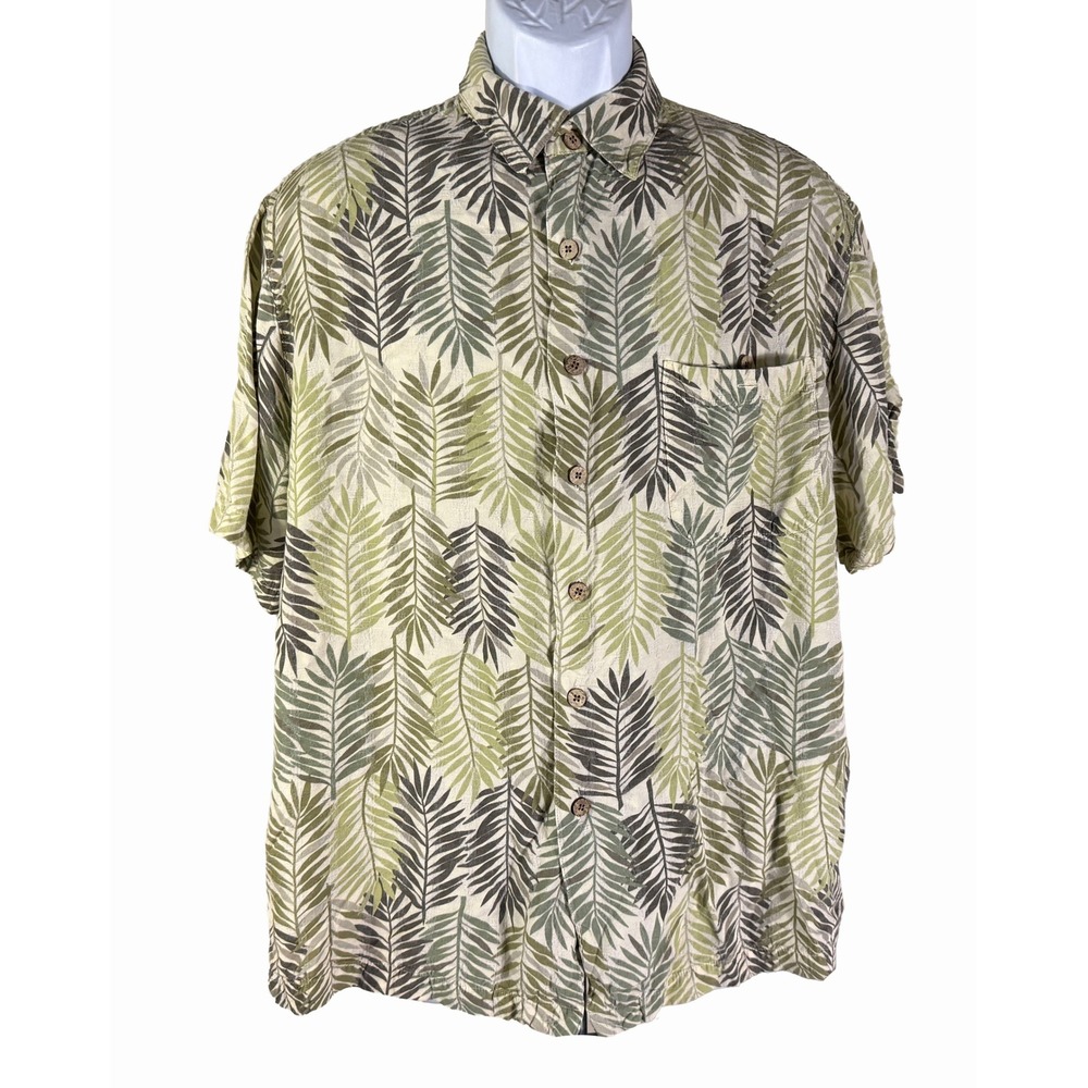 Caribbean Button Down Shirt Mens L Green Tropical Palm Leaf Rayon